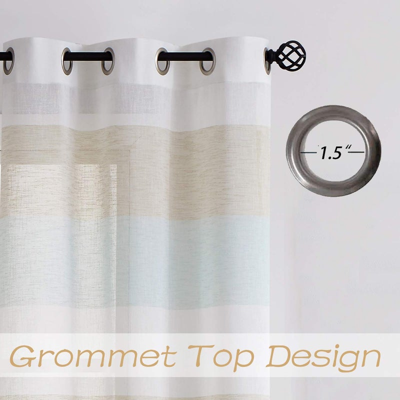 Central Park Tan and Spa Blue Stripe Sheer Color Block Window Curtain Panel Linen Window Treatment for Bedroom Living Room Farmhouse 63 inches Long with Grommets, 2 Panel Rustic Drapes - Image 4